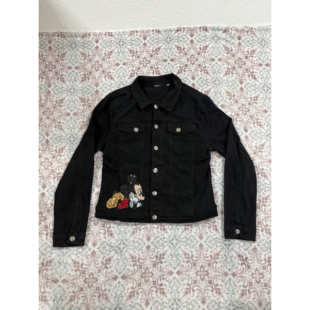 Classic Blue Jeans Mickey Mouse Black Denim Trucker Jacket Large Sequin Patch